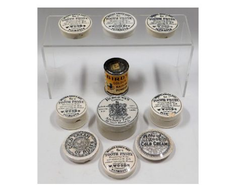A selection of vintage pate &amp; toothpaste lids &amp; boxes including Woods &amp; Burgess's twinned with a vintage Birds Go