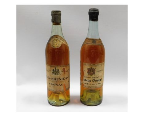 A George V bottle of Denis Mourie cognac, product of France, bottled in England twinned with a vintage Grand Armee French ora