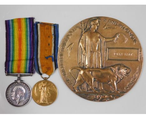 A bronze WW1 medal set awarded to 91808 Gnr. J. Patti, Royal Artillery twinned with his death plaque