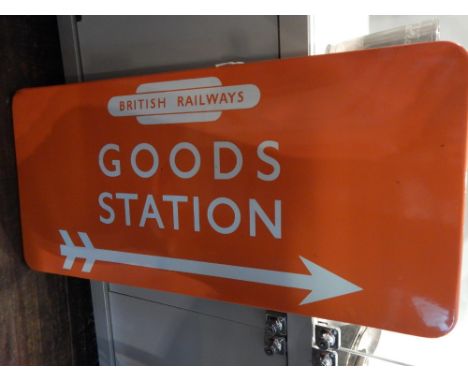 A vintage British Rail North Eastern region orange enamel platform sign "Goods Station" 71 x 33 cms.