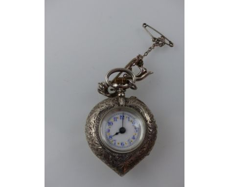 A silver ladies fob watch, the white enamel dial with blue Arabic numerals, spade hands, floral engraved heart shaped case wi