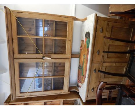 A Victorian pine dresser, with glazed upper section over a marble top, two drawers and panel cupboard base. W. 164cm