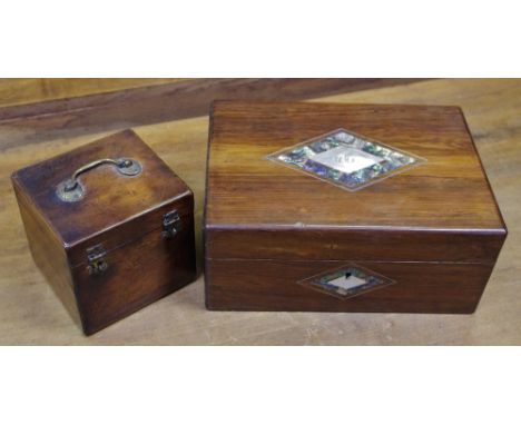 A Victorian rosewood work box, diamond shaped abalone and mother of pearl cartouche; a George III walnut tea caddy (2)