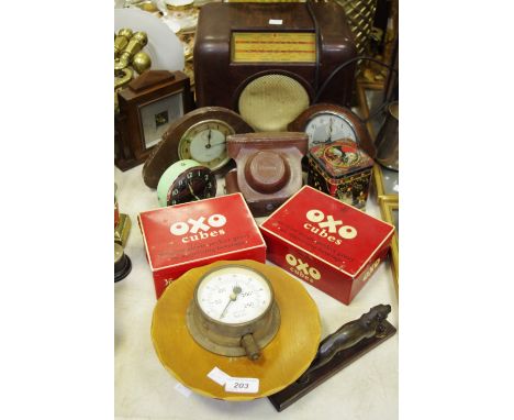 Boxes &amp; Objects - an earl 20th century bakelite Bush radio; Smith Alarm clock; OXO tins; etc 