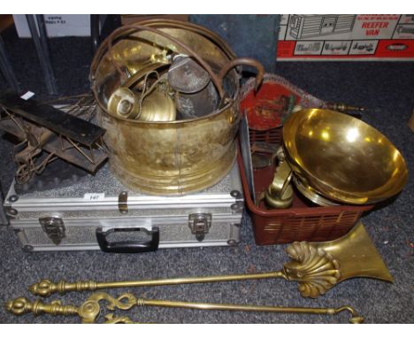 Metalware - Victorian Avery scale weights; fireside implements; 18th century pewter plate; jam pan; coal scuttle; cased M??? 