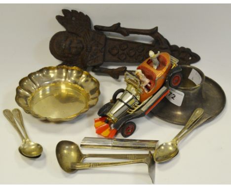 Boxes and Objects- Corgi Chitty Chitty Bang Bang, door knocker; silver baby feeding set, silver dish, etc