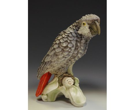 A large Goebel model of a grey parrot, perched on a branch, 21cm high