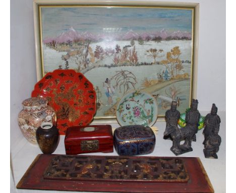 A Japanese silk embroidery;  terracotta Army figures;  Satsuma;  etc 