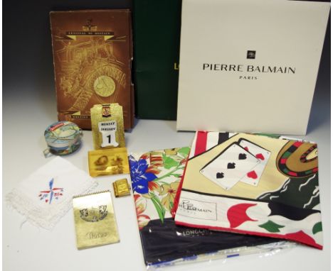 Boxes and Objects- a Pierre Balmain Paris scarf; another Longchamp, each boxed, unused; Festival of Britain desk calendar etc