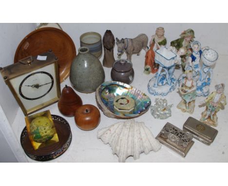 A pair of German figures, c.1880;  a pair of early 20th century German bisque figures;  stoneware;  Carriage clock;  shells; 