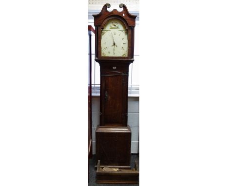 A George III oak longcase clock, 32.5cm arched painted dial, the case with swan neck pediment, glazed door outlined with barb