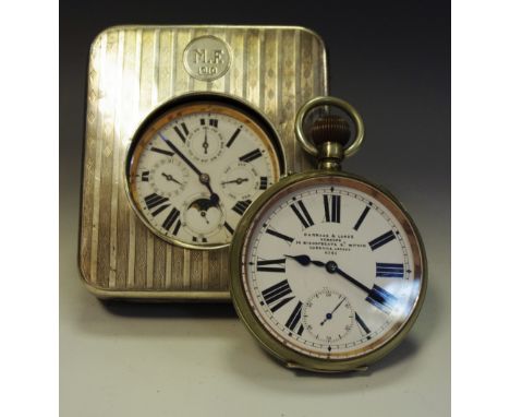 A large Station Masters open faced pocket watch, in silver travelling case; another, plated