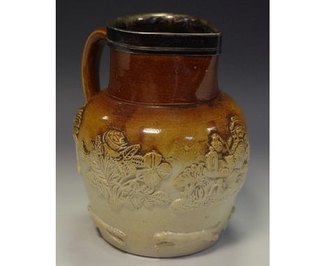 A 19th century brown and buff salt glazed stoneware ovoid jug, sprigged with jolly topper, wheat sheaves and hunting hounds, 