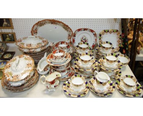 A W Adams and Sons Derby pattern part dinner service, comprising two tureens and cover, meat plate and six dinner and dessert