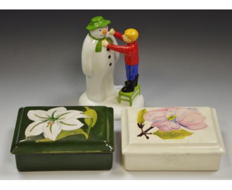 A Moorcroft rectangular trinket box and cover;  another;  a Coalport Snowman