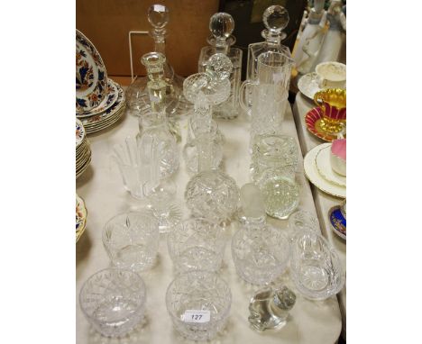 Glass - a ship's decanter, two others; a Thomas Webb candlestick; paper weight with bubble inclusions; polar bear, etc
