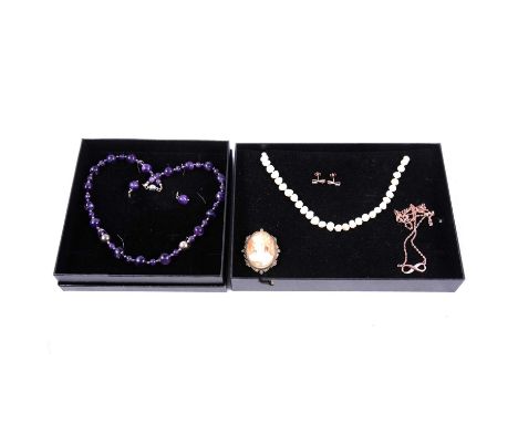 An amethyst necklace and earrings, freshwater and cultured pearls, and costume jewellery, an amethyst and white metal bead ne