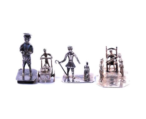 Five Continental and Chinese silver cast figural groups, including a Chinaman standing on a rectangular base, stamped makers 