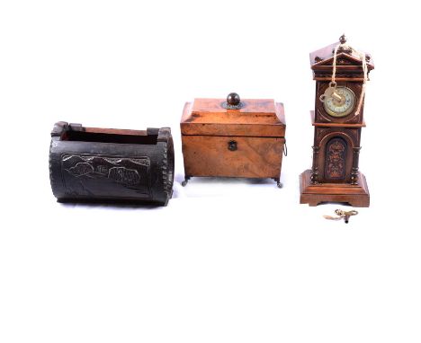 Victorian walnut tea caddy, 19cm, Edwardian walnut table clock and a Japanese carved bowl.Qty: 3Condition report:The table cl