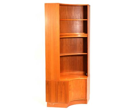 G-Plan freestanding corner bookshelf, with two fixed shelves and an adjustable shelf, above a sliding cupboard, width 46cm, d