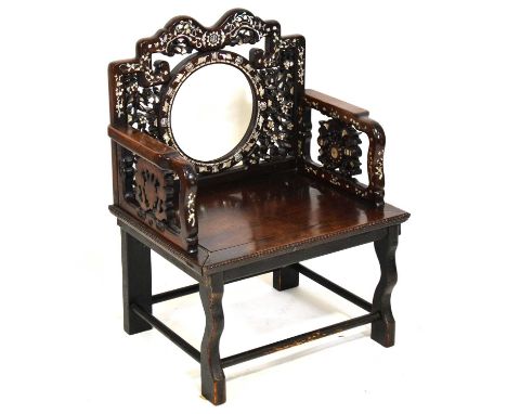 Near pair of Chinese carved hardwood chairs, with mother of pearl inlaid frames, the largest width 58cm, height 105cm.Conditi