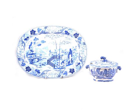 Pair of Wedgwood transferware oval meat plates, Chinese landscape scenes, 36cm, an Abbey transferware comport; Copeland Spode