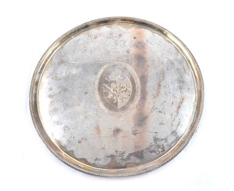 George III circular silver salver, John Hutson, London 1787, contemporary engraved crest, 36.5cm diameter, 30toz.