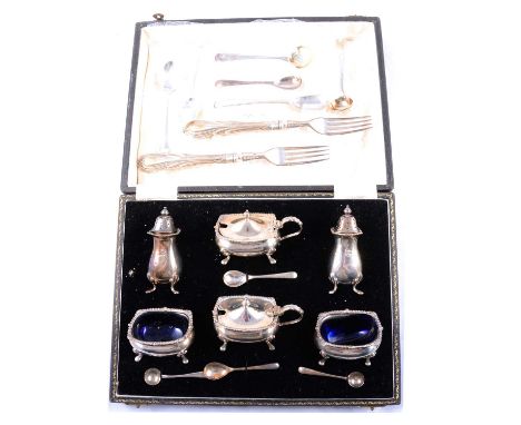 Silver condiment set, Mappin &amp; Webb, Birmingham 1950, six pieces with four spoons, cased, various condiment spoons, and p