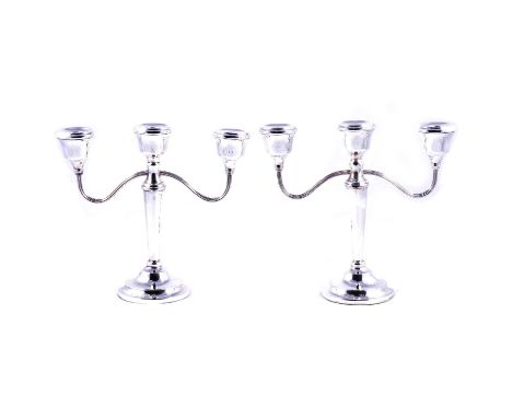 Pair of silver three light candelabra, Mappin &amp; Webb, Birmingham 1973, 23cm, weighted.Qty: 2