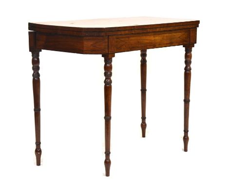 George III mahogany card table, rectangular foldover top with crossbanding and canted corners, baize-lined, turned and ringed