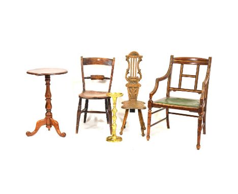 Edwardian oak elbow chair, kitchen chair, spinning chair, wine table and a candlestick.Qty: 5