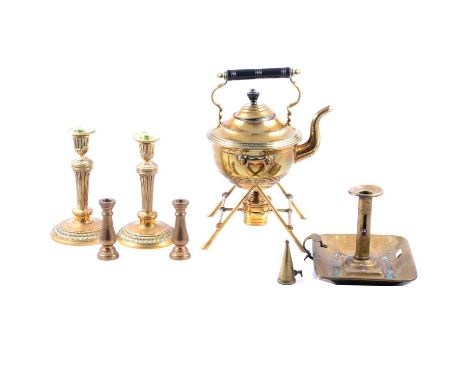 Small collection of brassware, including a spirit kettle, 28cm, candle sticks and a chamber stick.