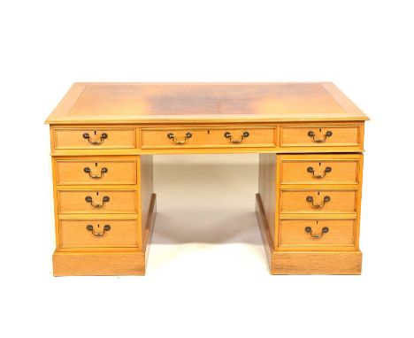 Georgian style light oak partners desk, rectangular top with leather inset, moulded edge, twin pedestals, one side with drawe