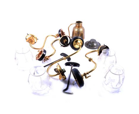 Four gas wall lamps and shades, converted to electricity; an Indian white metal inlaid brass jug; a Hugh Wallis hand-beaten p