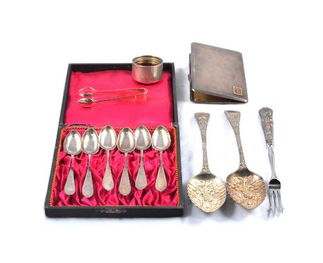 Various silver and electroplated items, engine turned cigarette case, Replica of the Earliest Christening Spoon.Condition rep