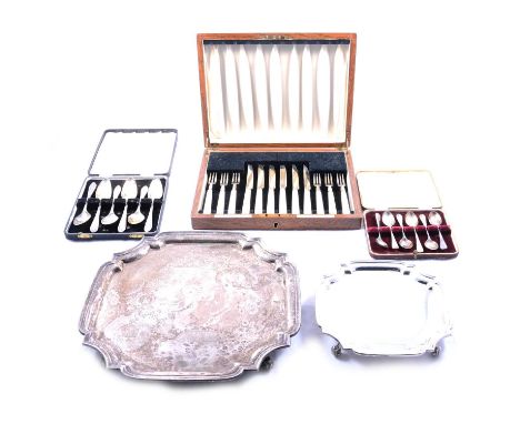 Silver salver, William Bush &amp; Son, Sheffield 1944, on four scrolled feet, 30.5cm, 30ozt, a small silver salver, J B Chatt