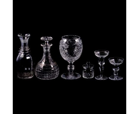 Quantity of glassware, including a Victorian facet cut decanter with plated Sherry label, other decanters, presentation goble