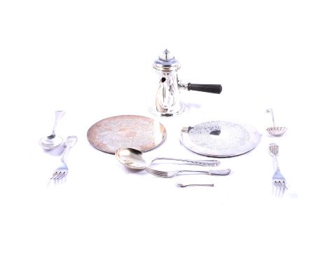 Small quantity of plated ware, flatware, two silver place mats, cased fish eaters, chocolate pot.