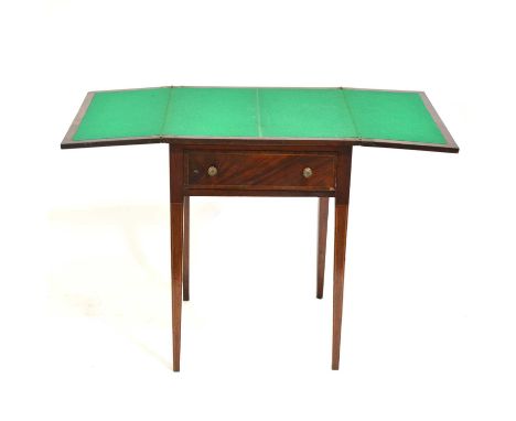 Victorian mahogany card table, hinged lid enclosing a baize lined playing surface, frieze drawer, square tapering legs, width