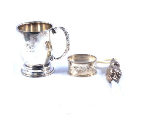 Silver christening mug, T Hill, Birmingham 1967, engraved, 3.6ozt, silver napkin ring and baby's teether/rattle with rabbit.Q