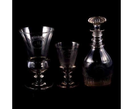 Goblet-shape vase, thistle bowl wheel-engraved initial M within an oval cartouche, knop stem, flat foot, 22.5cm; a goblet of 