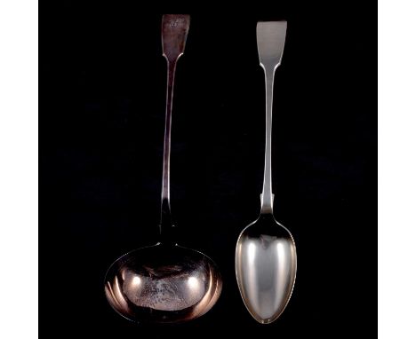 A George IV silver ladle, Richard Poulden, London 1823, fiddle pattern, engraved initials, 32cm, 6.6oz; a silver-rimmed glass