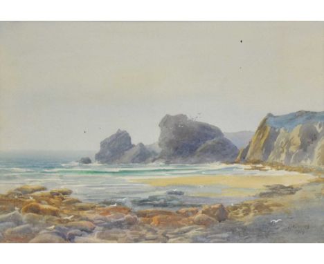 Four early 20th century watercolours:J W Durrad, Rocky outcrop, signed and dated 1914, 26x37cm;M Balmford Sharp, A Welsh Stre