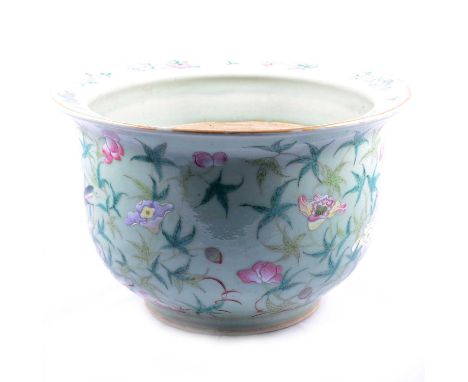 Chinese celadon ground planter/ jardiniere, polychrome decoration with crickets and lotus flowers, 39.5cm diameter, 25.5cm hi