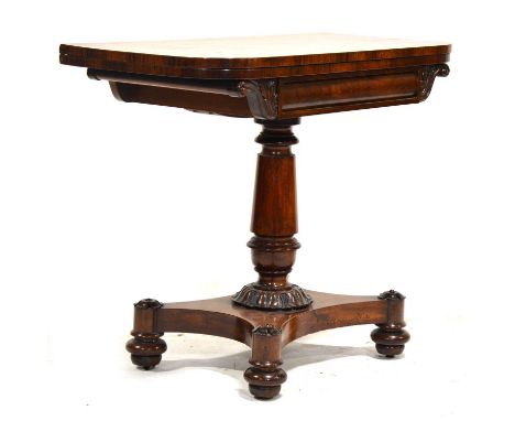 Early Victorian mahogany card table, D shaped foldover top with rosewood crossbanding and baize lined interior, ogee tablet f