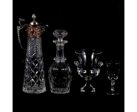 Cut glass claret jug with silver plated mounts, 30cm, glass campana vase, fcaet cut glass vase engraved with a nude, other gl