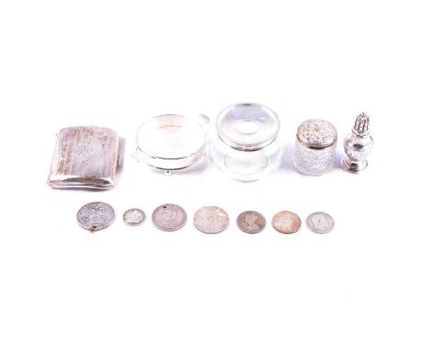 Silver cigarette case, pepperette, two silver mounted jars, silver mounted butter dish and various coins, 4.3ozt total weigha