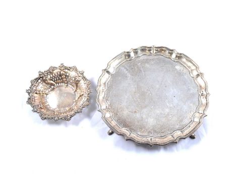 Silver salver, Barker Brothers Silver Ltd, Birmingham 1932, piecrust edgem four hoof feet, 21cm, 11.2ozt, and a silver bon bo