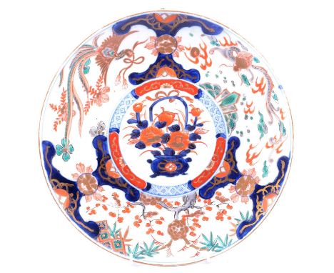 Pair of Imari porcelain chargers, 31.5cm; and a Royal Worcester Millenium commemorative plate, 30.5cm.