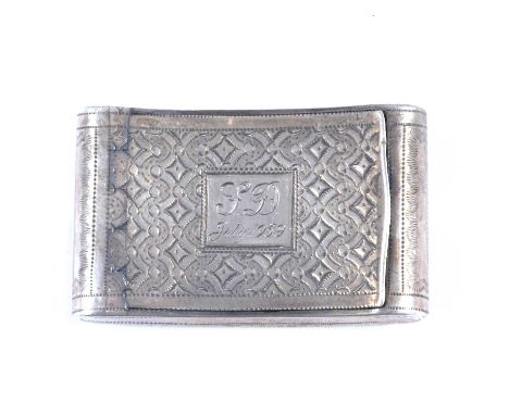Silver snuff box, Joseph Willmore, Birmingham 1823, curved rectangular form with engraved decoration and inscription, 5.2cm.
